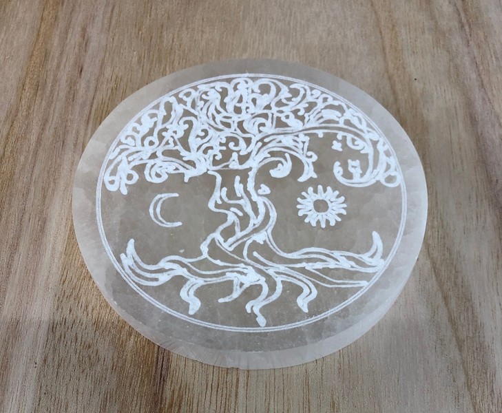 Plato Selenita Arbol de la Vida sol y luna 10 cm